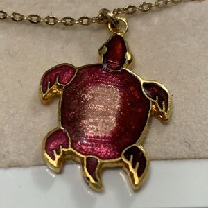 NEW Cloisonné Turtle necklace pink berry gold